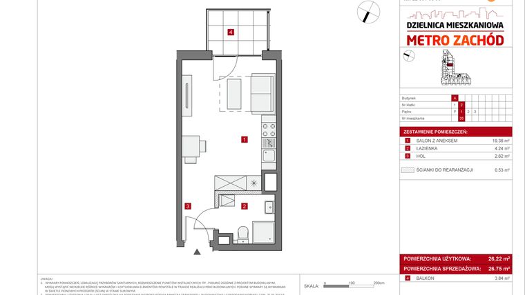 Rzut - Mieszkanie na sprzedaż 1 pokój o powierzchni 26,22 m² - numer A.35 w Dzielnica Mieszkaniowa Metro Zachód - etap 6