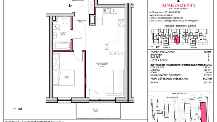 Rzut - Mieszkanie na sprzedaż 2 pokoje o powierzchni 51,25 m² - numer B.46 w Apartamenty Grójeckie Ogrody