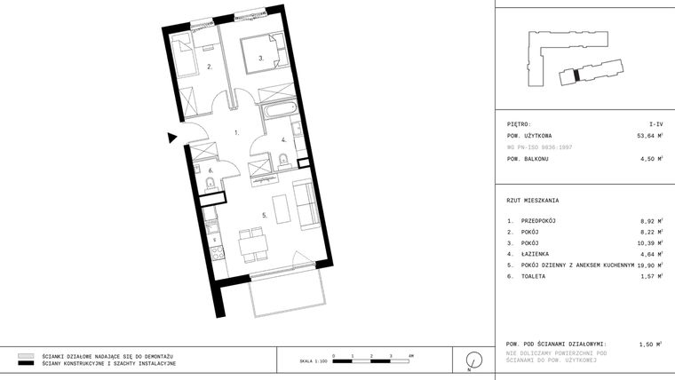 Rzut - Mieszkanie na sprzedaż 3 pokoje o powierzchni 53,64 m² - numer I9.3 w Myśliborska III etap