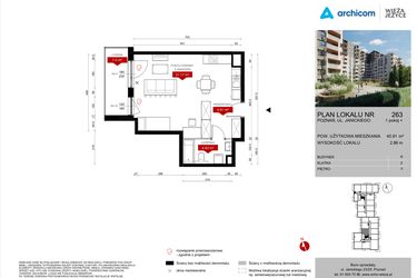 Rzut - Mieszkanie na sprzedaż 1 pokój o powierzchni 40,93 m² - numer K.263 w Wieża Jeżyce etap V