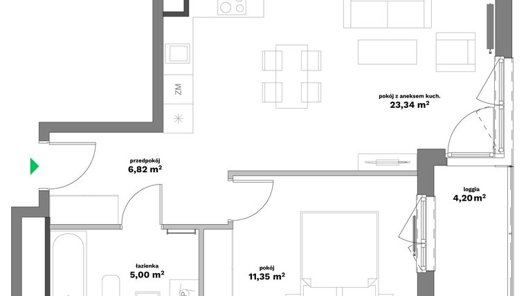 Rzut - Mieszkanie na sprzedaż 2 pokoje o powierzchni 46,51 m² - numer B1-33 w Forma Otwarta etap II