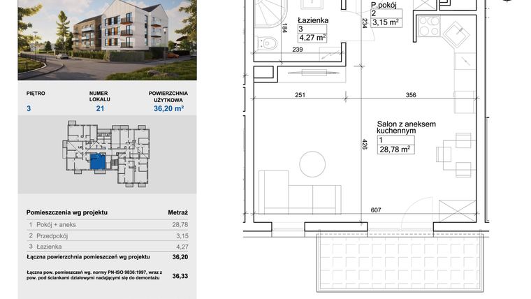 Rzut - Mieszkanie na sprzedaż 1 pokój o powierzchni 36,13 m² - numer 21 w Balantia