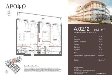 Rzut - Mieszkanie na sprzedaż 3 pokoje o powierzchni 88,75 m² - numer A.2.12 w Apollo Residence