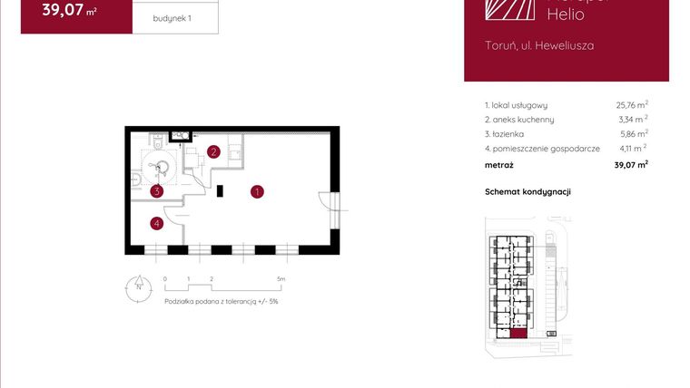 Rzut - Lokal użytkowy na sprzedaż 1 pokój o powierzchni 39,07 m² - numer 1.A.0.LU.1 w Murapol Helio bud. 1