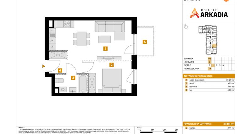 Rzut - Mieszkanie na sprzedaż 2 pokoje o powierzchni 39,08 m² - numer 19 w Osiedle Arkadia