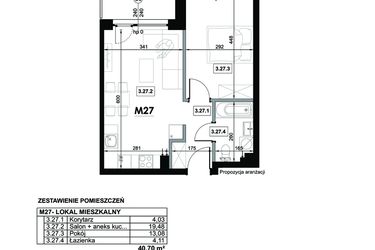 Rzut - Mieszkanie na sprzedaż 2 pokoje o powierzchni 40,7 m² - numer M27 w Miejska Premium II