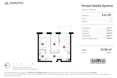 Rzut - Mieszkanie na sprzedaż 2 pokoje o powierzchni 51,3 m² - numer 3.A.1.01 w Murapol Osiedle Dynamiq