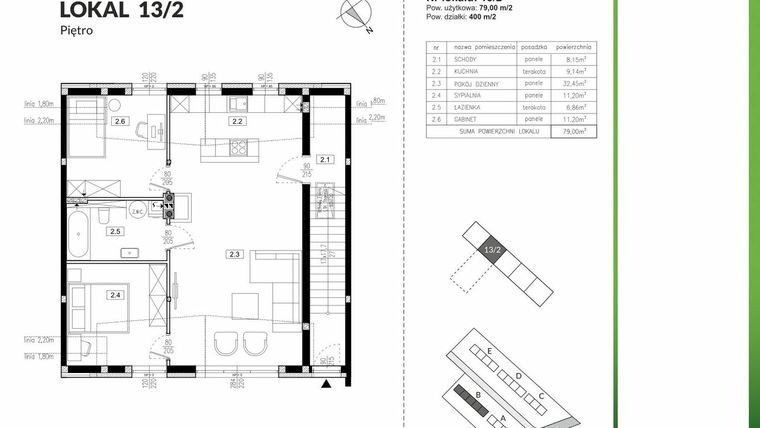 Rzut - Mieszkanie na sprzedaż 3 pokoje o powierzchni 79 m² - numer 13/2 w Szczęśliwa Polana