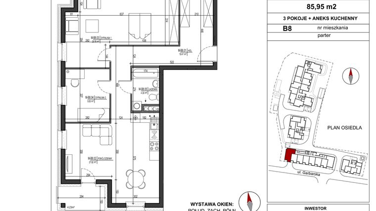 Rzut - Mieszkanie na sprzedaż 3 pokoje o powierzchni 85,95 m² - numer B.8 w Garbarska Urban Koncept