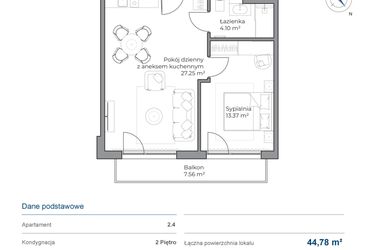 Rzut - Mieszkanie na sprzedaż 2 pokoje o powierzchni 44,78 m² - numer B.2.4 w Anchoria Holiday