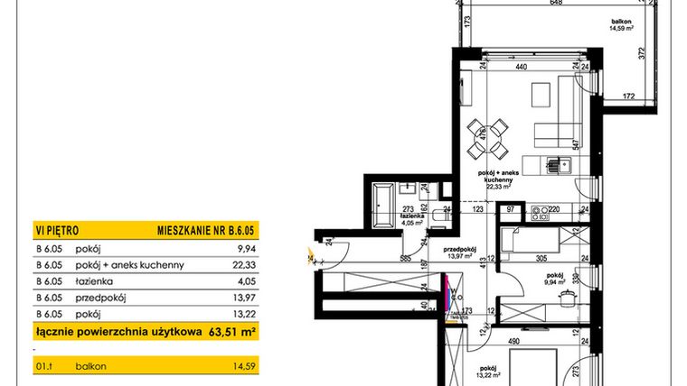 Rzut - Mieszkanie na sprzedaż 3 pokoje o powierzchni 63,51 m² - numer B 6.05 w Park Moniuszki II C