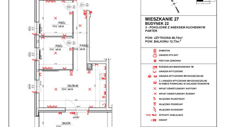 Rzut - Mieszkanie na sprzedaż 3 pokoje o powierzchni 56,7 m² - numer 22_27 w Osiedle 4 Pory Roku - Etap VIII