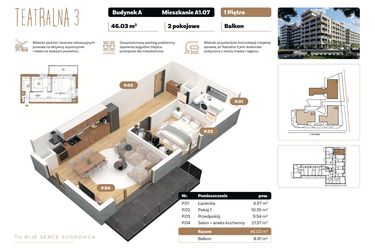 Rzut - Mieszkanie na sprzedaż 2 pokoje o powierzchni 46,03 m² - numer A 1.07 w Teatralna 3 - etap II