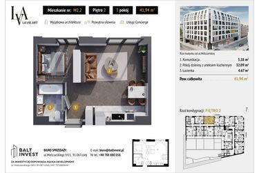 Rzut - Mieszkanie na sprzedaż 1 pokój o powierzchni 41,94 m² - numer M2.2 w La Vie Art