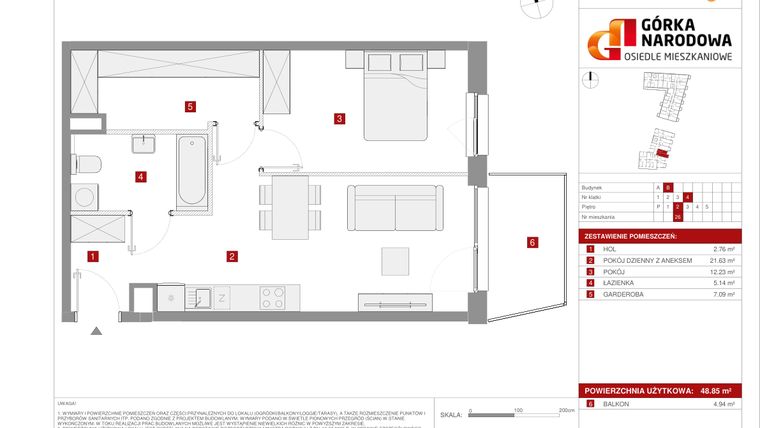 Rzut - Mieszkanie na sprzedaż 2 pokoje o powierzchni 48,5 m² - numer 5.1.B.26 w Osiedle Górka Narodowa etap 5