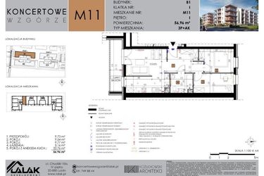 Rzut - Mieszkanie na sprzedaż 3 pokoje o powierzchni 56,96 m² - numer B1.11 w Koncertowe Wzgórze