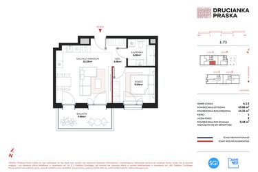 Rzut - Mieszkanie na sprzedaż 2 pokoje o powierzchni 43,86 m² - numer A.1.2 w Drucianka Praska