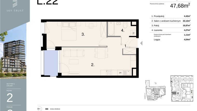 Rzut - Mieszkanie na sprzedaż 2 pokoje o powierzchni 48,79 m² - numer L22 w Sky Trust etap II - apartamenty inwestycyjne 23% VAT PRS
