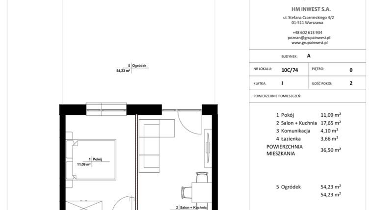 Rzut - Mieszkanie na sprzedaż 2 pokoje o powierzchni 36,5 m² - numer 10C/74 w Jasielska 8C etap II