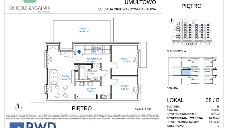 Rzut - Mieszkanie na sprzedaż 3 pokoje o powierzchni 76,09 m² - numer 38B w Osiedle Zagajnik - etap I