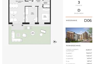 Rzut - Mieszkanie na sprzedaż 3 pokoje o powierzchni 62,22 m² - numer D06 w Na Koszutce II