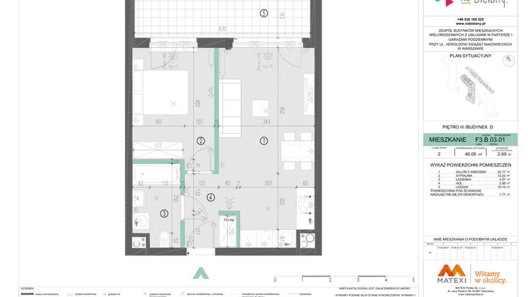 Rzut - Mieszkanie na sprzedaż 2 pokoje o powierzchni 46 m² - numer F3.B.03.01 w Na Bielany! etap III