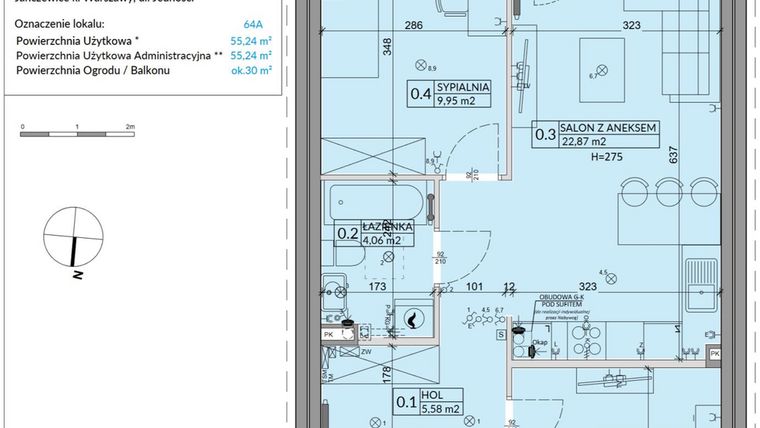 Rzut - Mieszkanie na sprzedaż 3 pokoje o powierzchni 55,24 m² - numer 64A w Osiedle Młodych etap X
