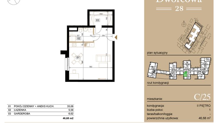 Rzut - Mieszkanie na sprzedaż 1 pokój o powierzchni 47,76 m² - numer C25 w Dworcowa 28