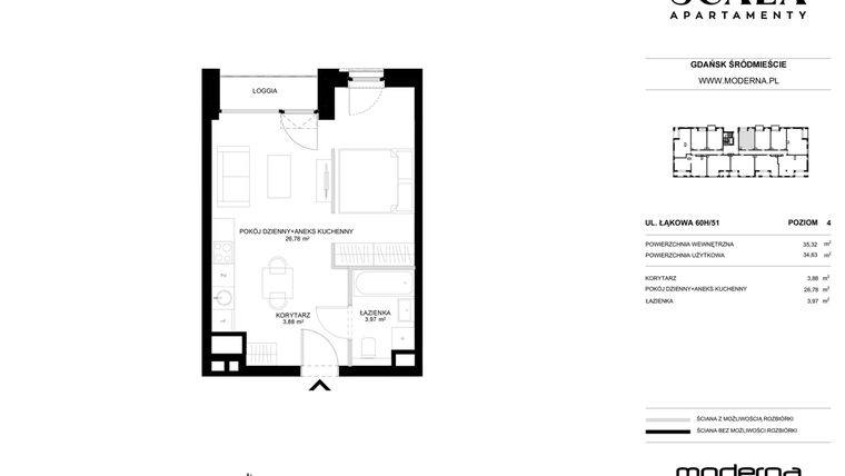 Rzut - Mieszkanie na sprzedaż 1 pokój o powierzchni 35,32 m² - numer H-51 (E) w Scala