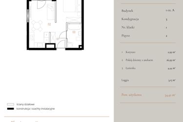 Rzut - Mieszkanie na sprzedaż 1 pokój o powierzchni 34,42 m² - numer M014 w MURANO