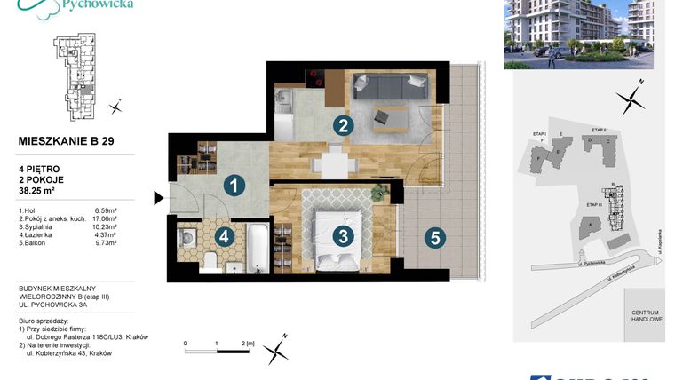 Rzut - Mieszkanie na sprzedaż 2 pokoje o powierzchni 38,25 m² - numer B29 w Kapelanka-Pychowicka Etap III