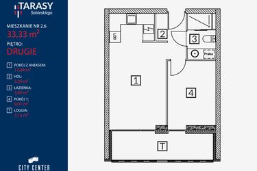 Rzut - Mieszkanie na sprzedaż 2 pokoje o powierzchni 33,33 m² - numer B2.M.2.6 w Tarasy Sobieskiego