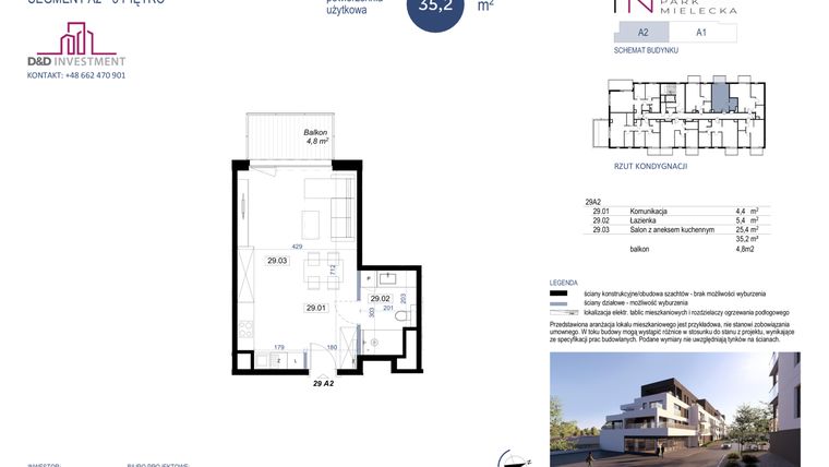 Rzut - Mieszkanie na sprzedaż 1 pokój o powierzchni 35,2 m² - numer A2-29 w Park Mielecka