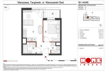 Rzut - Mieszkanie na sprzedaż 2 pokoje o powierzchni 38,03 m² - numer B1-A046 w Warszawski Świt etap VIII