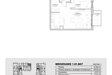 Rzut - Mieszkanie na sprzedaż 2 pokoje o powierzchni 52,58 m² - numer 1.01.B07 w Ogrody Andersa III