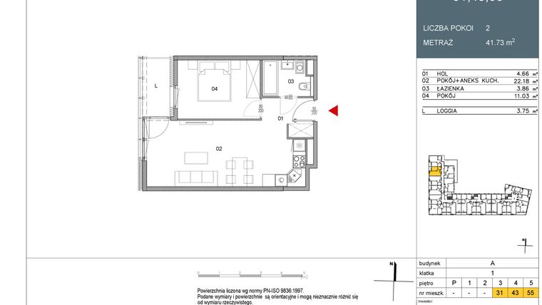 Rzut - Mieszkanie na sprzedaż 2 pokoje o powierzchni 41,73 m² - numer 43 w Morwowa 5