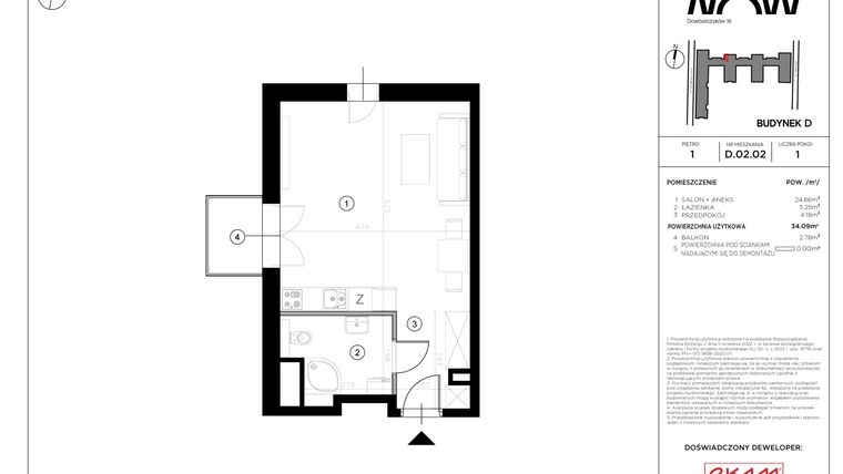 Rzut - Mieszkanie na sprzedaż 1 pokój o powierzchni 34,09 m² - numer D.02.02 w NOW
