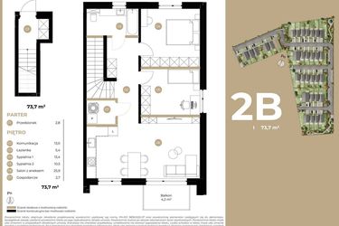 Rzut - Mieszkanie na sprzedaż 3 pokoje o powierzchni 73,7 m² - numer 2B w Kasprowicza 4
