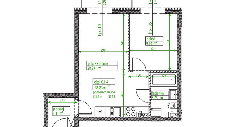 Rzut - Mieszkanie na sprzedaż 1 pokój o powierzchni 36,16 m² - numer C.II.4 w Osiedle Opolska
