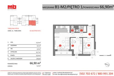 Rzut - Mieszkanie na sprzedaż 3 pokoje o powierzchni 66,9 m² - numer B1-M2 w Tabelowa NOVA