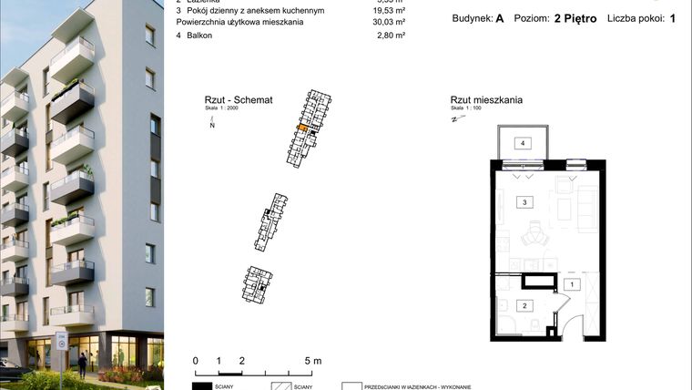 Rzut - Mieszkanie na sprzedaż 1 pokój o powierzchni 30,03 m² - numer A.25 w Osiedle Kochanowskiego - Gliwice