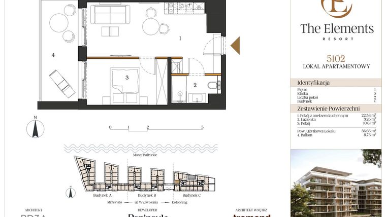 Rzut - Mieszkanie na sprzedaż 2 pokoje o powierzchni 36,35 m² - numer C5102 w The Elements Resort
