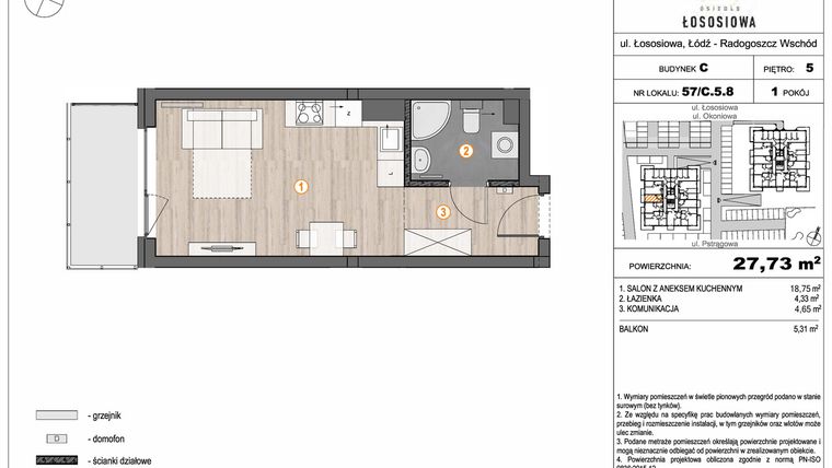 Rzut - Mieszkanie na sprzedaż 1 pokój o powierzchni 27,73 m² - numer 57 - C5.8 w Osiedle Łososiowa