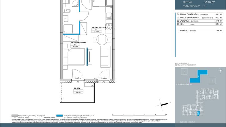 Rzut - Mieszkanie na sprzedaż 1 pokój o powierzchni 32,45 m² - numer D1.3.03 w Nordic Bemowo - etap IV