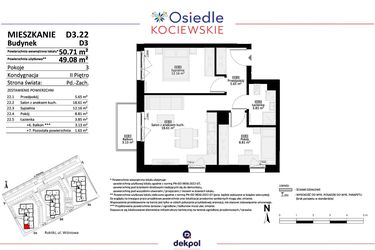 Rzut - Mieszkanie na sprzedaż 3 pokoje o powierzchni 49,08 m² - numer D3.22 w Osiedle Kociewskie etap IV