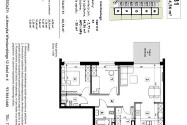 Rzut - Mieszkanie na sprzedaż 3 pokoje o powierzchni 64,56 m² - numer B1 w Złotno Residence