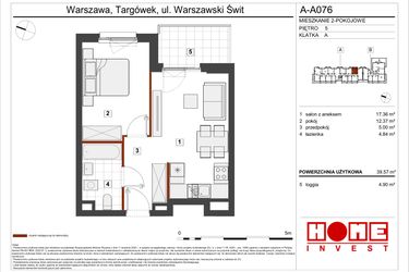 Rzut - Mieszkanie na sprzedaż 2 pokoje o powierzchni 39,57 m² - numer A-A076 w Warszawski Świt etap VII