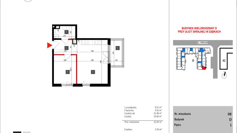 Rzut - Mieszkanie na sprzedaż 2 pokoje o powierzchni 41,25 m² - numer D.8 w Skrajna 9 bud. D