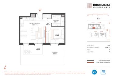 Rzut - Mieszkanie na sprzedaż 2 pokoje o powierzchni 44,25 m² - numer A.0.2 w Drucianka Wschodnia