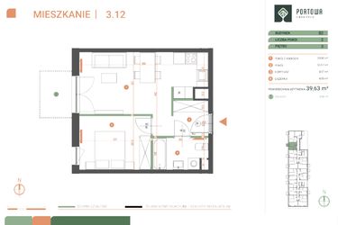 Rzut - Mieszkanie na sprzedaż 2 pokoje o powierzchni 39,63 m² - numer M.03.12 w Casa Feliz Portowa